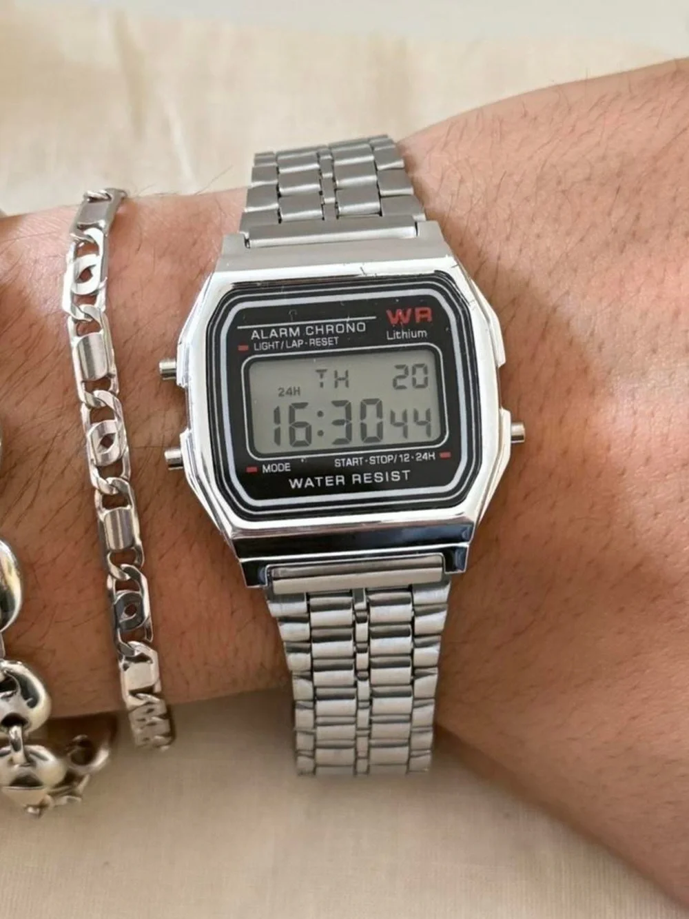 Classic Silver Digital Alarm Watch - Stainless Bracelet